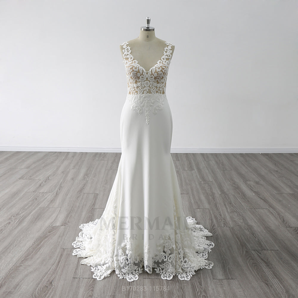 New V Back  Sweep Train Bridal Gown Korean Crepe Mermaid Wedding Dress