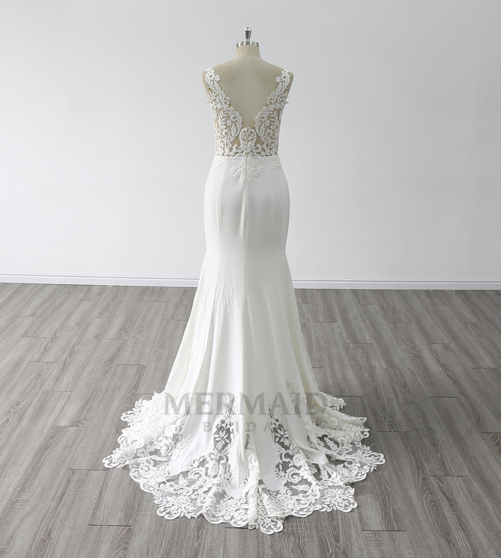 New V Back  Sweep Train Bridal Gown Korean Crepe Mermaid Wedding Dress