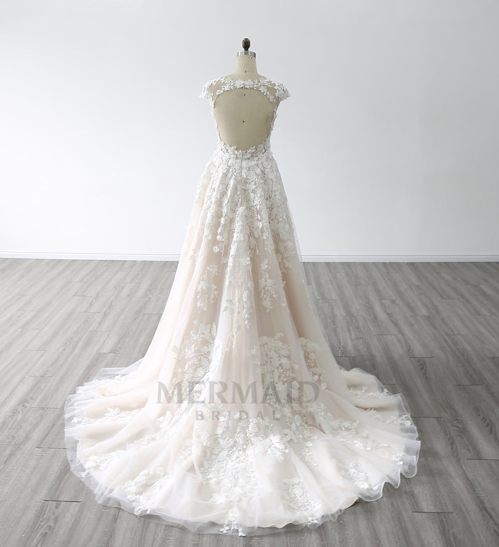 Keyhole Cap Sleeves V Neck Court Train Bridal Gown 3D Flowers A Line Wedding Dress