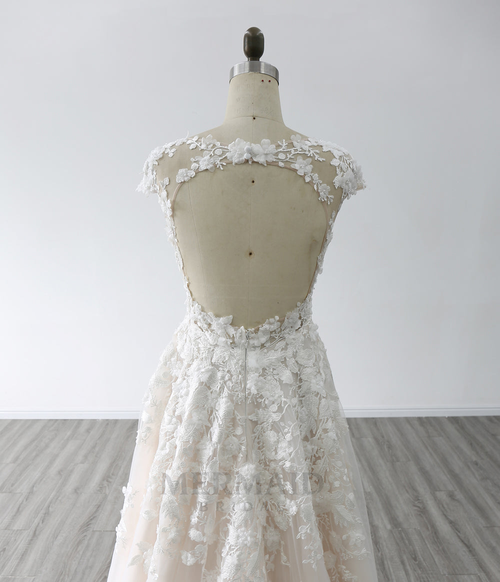 Keyhole Cap Sleeves V Neck Court Train Bridal Gown 3D Flowers A Line Wedding Dress