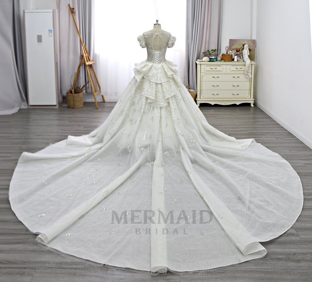 Cap Sleeves Scoop Cathedral Train Heavy Beading  Ball Gown Wedding Dress