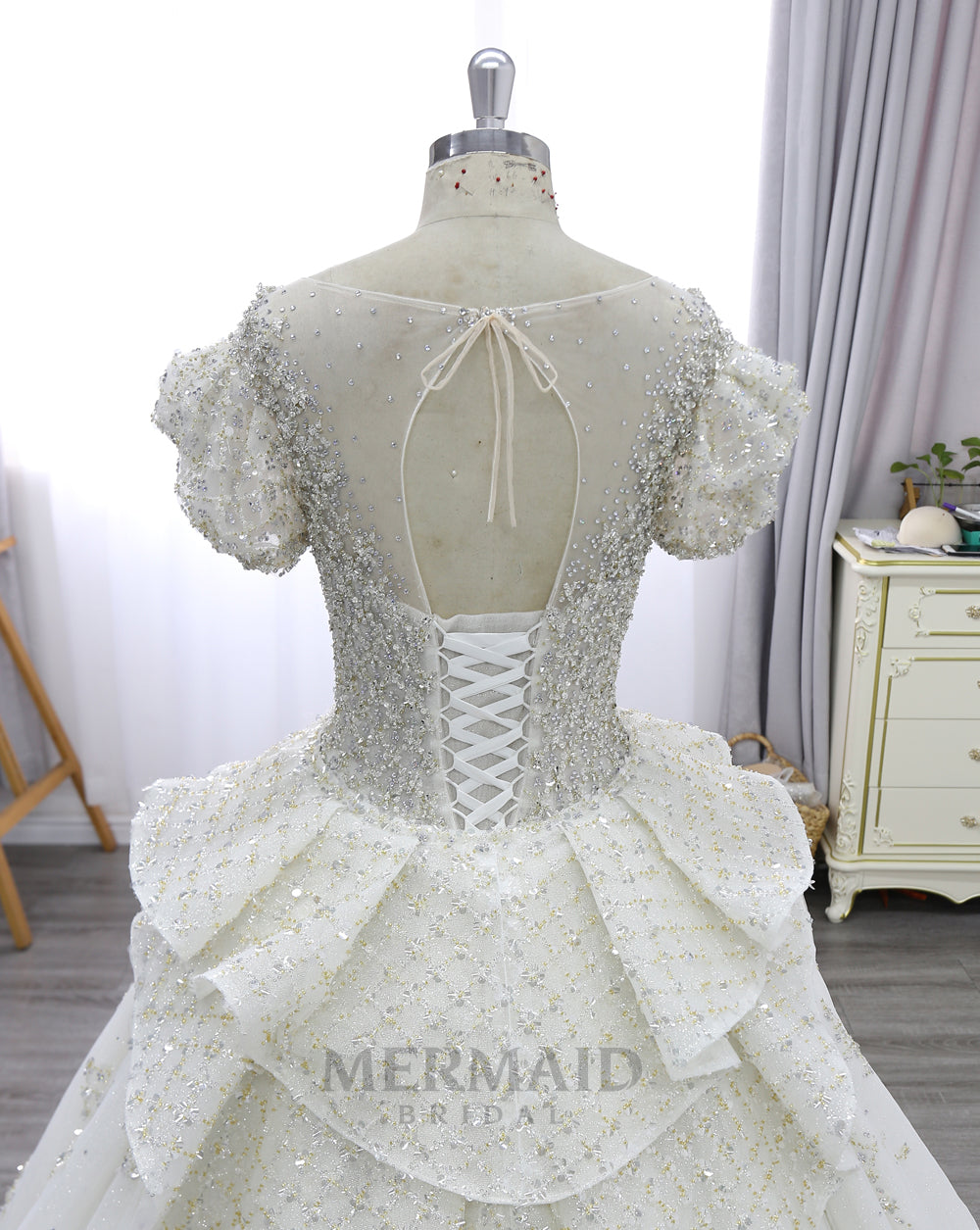 Cap Sleeves Scoop Cathedral Train Heavy Beading  Ball Gown Wedding Dress