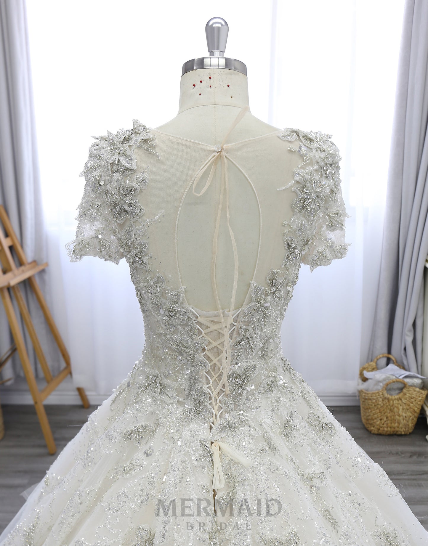 Short  Sleeves Heavy Beaded Royal Train Ball Gown Wedding Dress