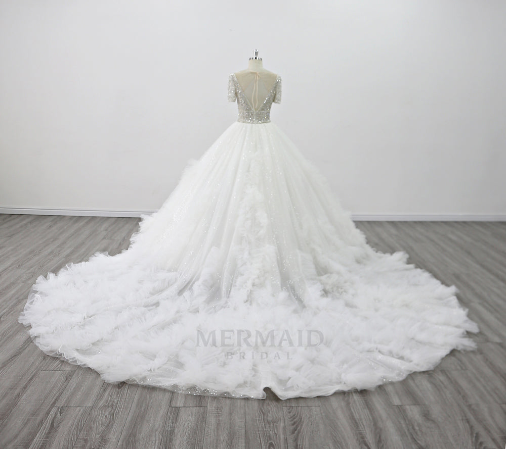 Short Sleeves Sweetheart Cathedral Train Handmade Flowers Ball Gown Wedding Dress