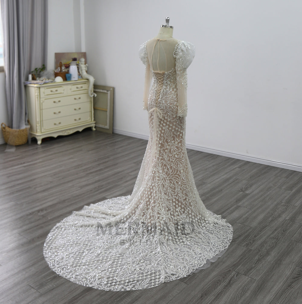 2 in 1 detachable wedding dress Long Sleeve Sweetheart Royal Train Heavy Beading removable skirt Wedding Gown