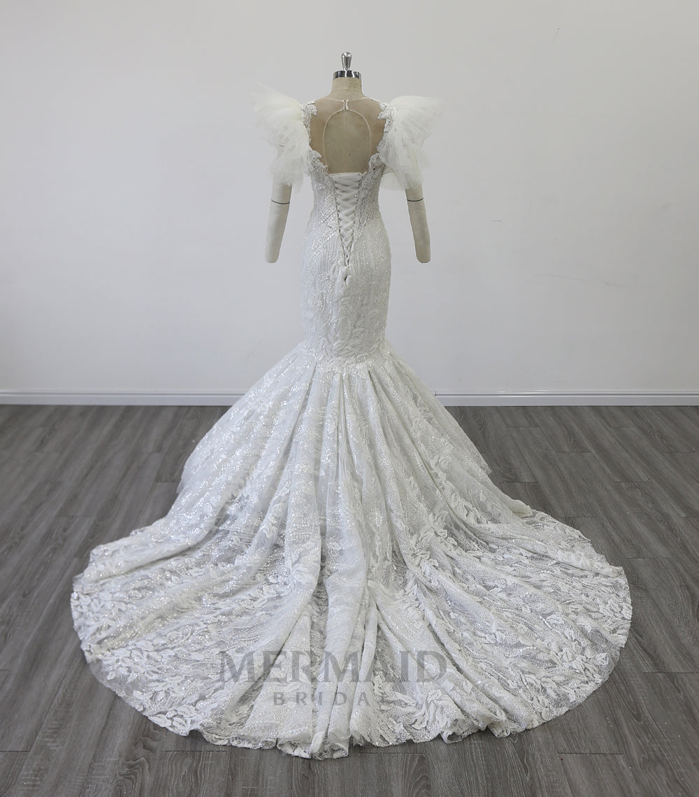 Mermaid Trend Wedding Dress  Puff Sleeve Beading Wedding Gowns V Neck Court Train Best Selling Bridal Dresses