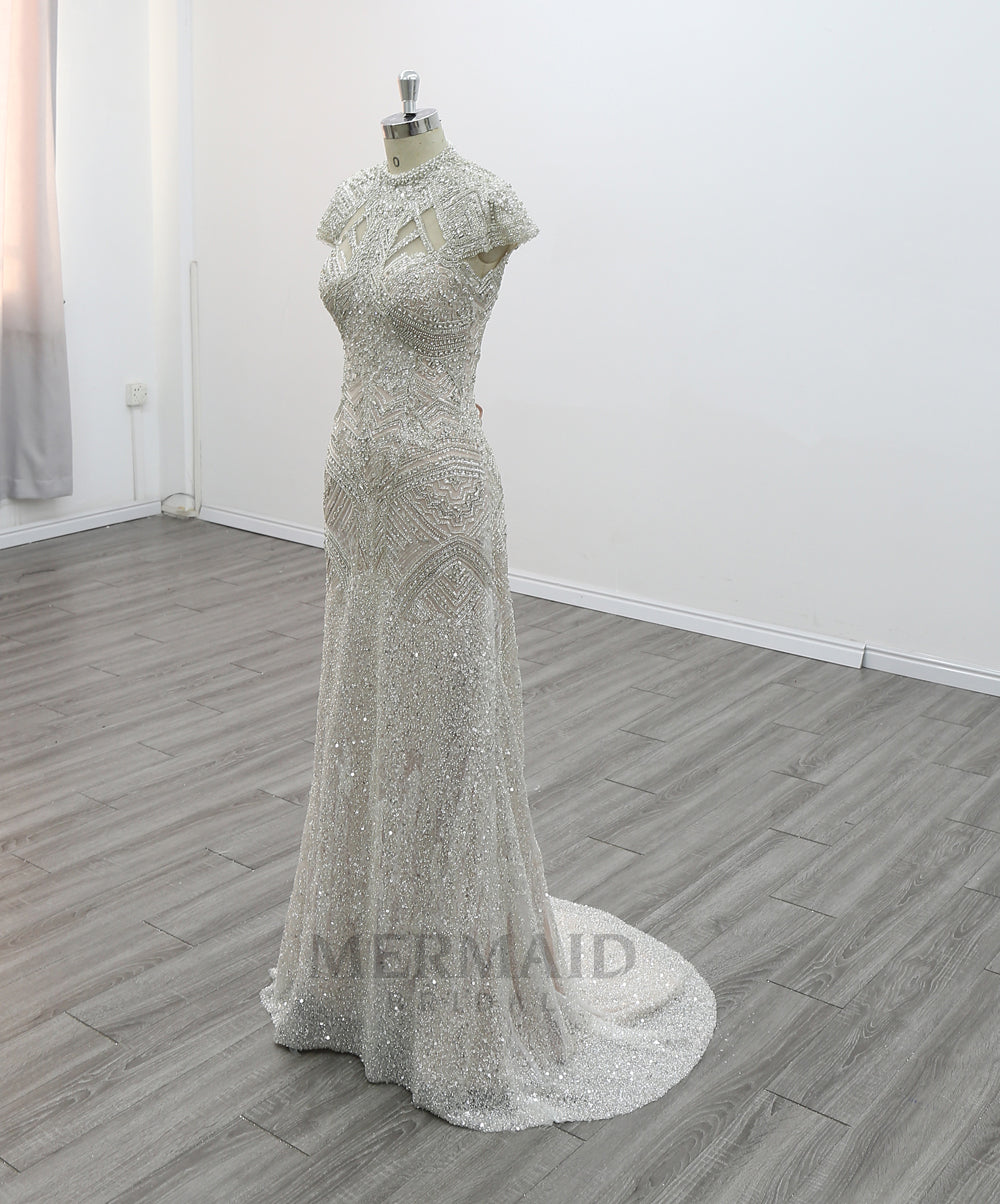 Luxury Cap Sleeve Bridal Gown  Scoop Neck Sweep Train Heavy Beading Mermaid Wedding Dress