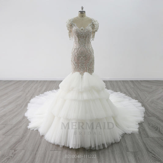 Short Sleeves Court Train Pleated Heavy Beading Mermaid Wedding Dress