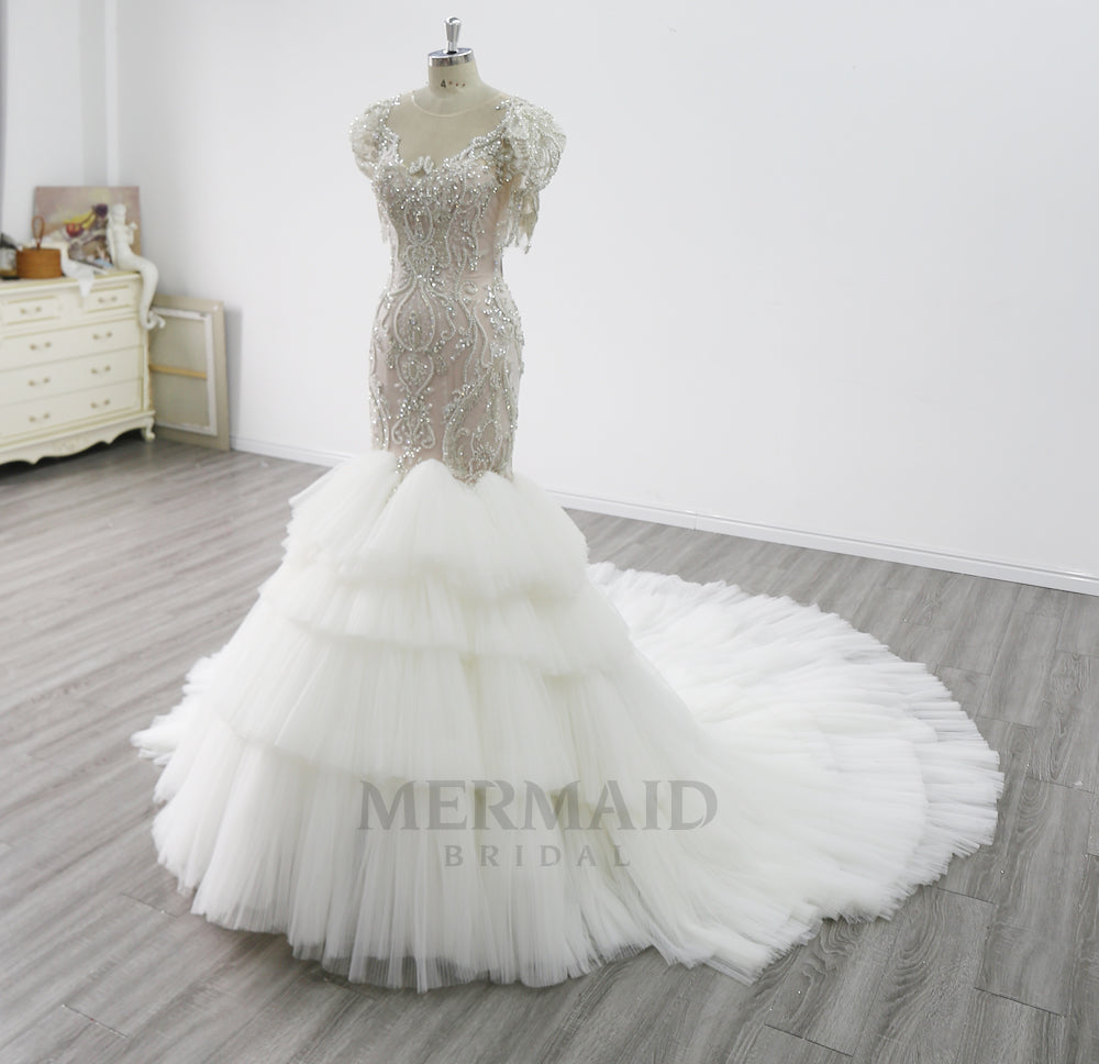 Short Sleeves Court Train Pleated Heavy Beading Mermaid Wedding Dress