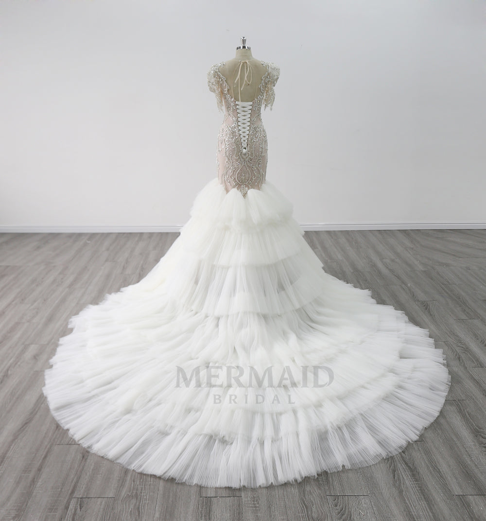 Short Sleeves Court Train Pleated Heavy Beading Mermaid Wedding Dress