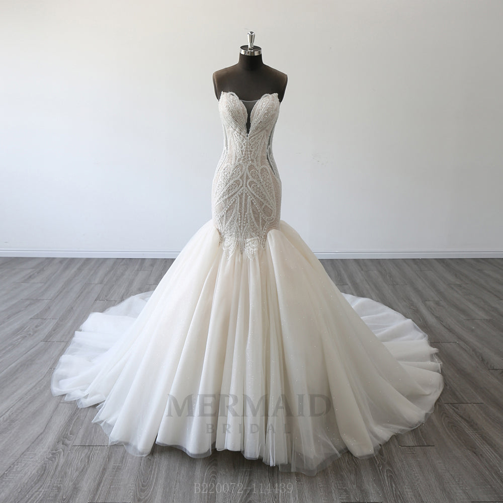Luxury Sweetheart Court Train Beaded Lace Wedding Dress Mermaid