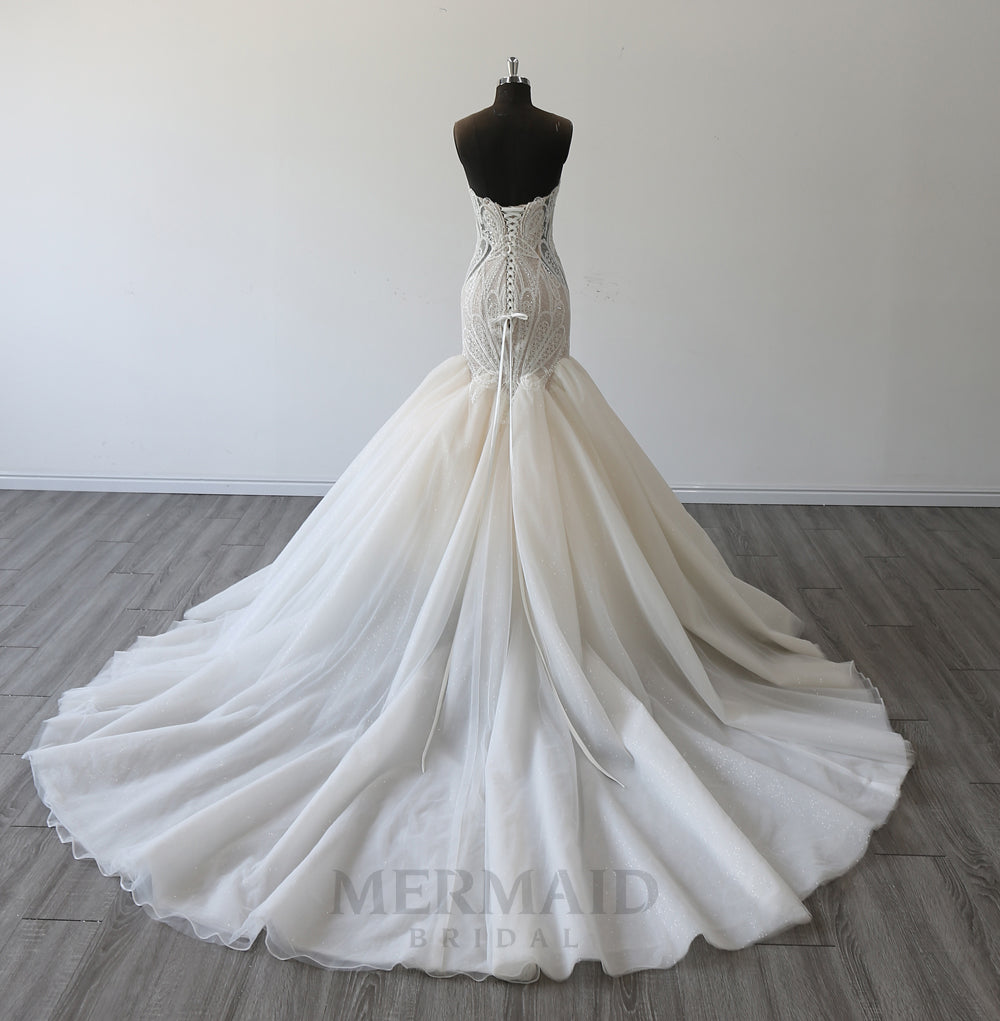 Luxury Sweetheart Court Train Beaded Lace Wedding Dress Mermaid