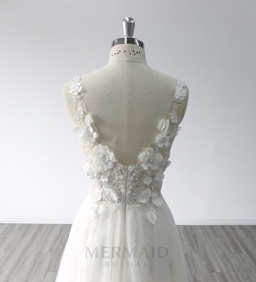A Line V Neck Floor Length 3D Lace Boho Wedding Dresses 2023