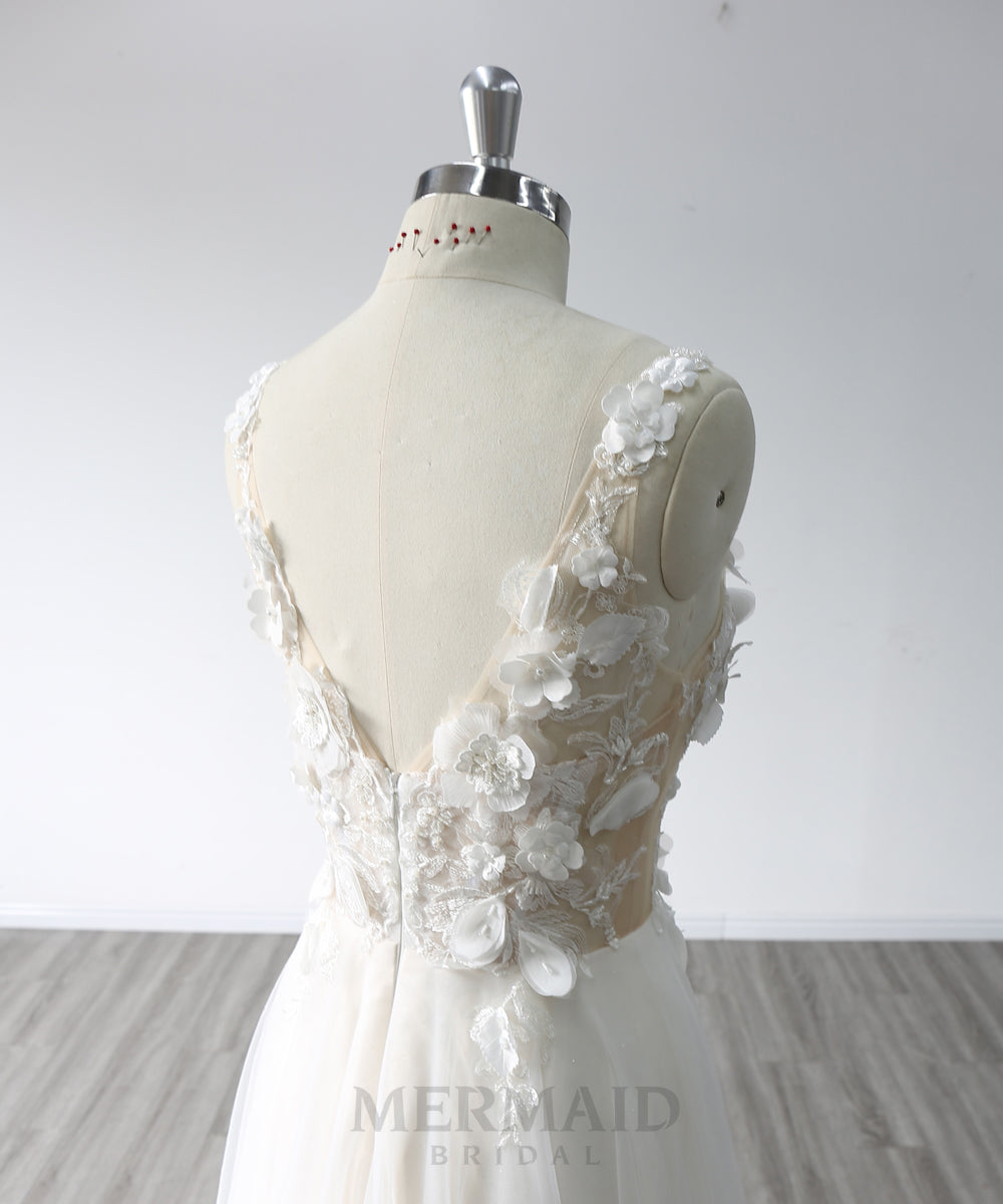 A Line V Neck Floor Length 3D Lace Boho Wedding Dresses 2023