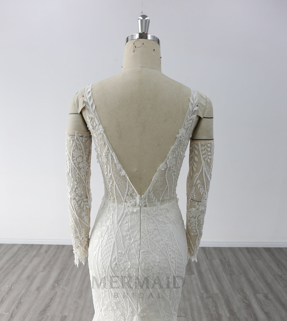 Sexy Long Sleeve V Neck Sweep Train Lace Mermaid Wedding Dress