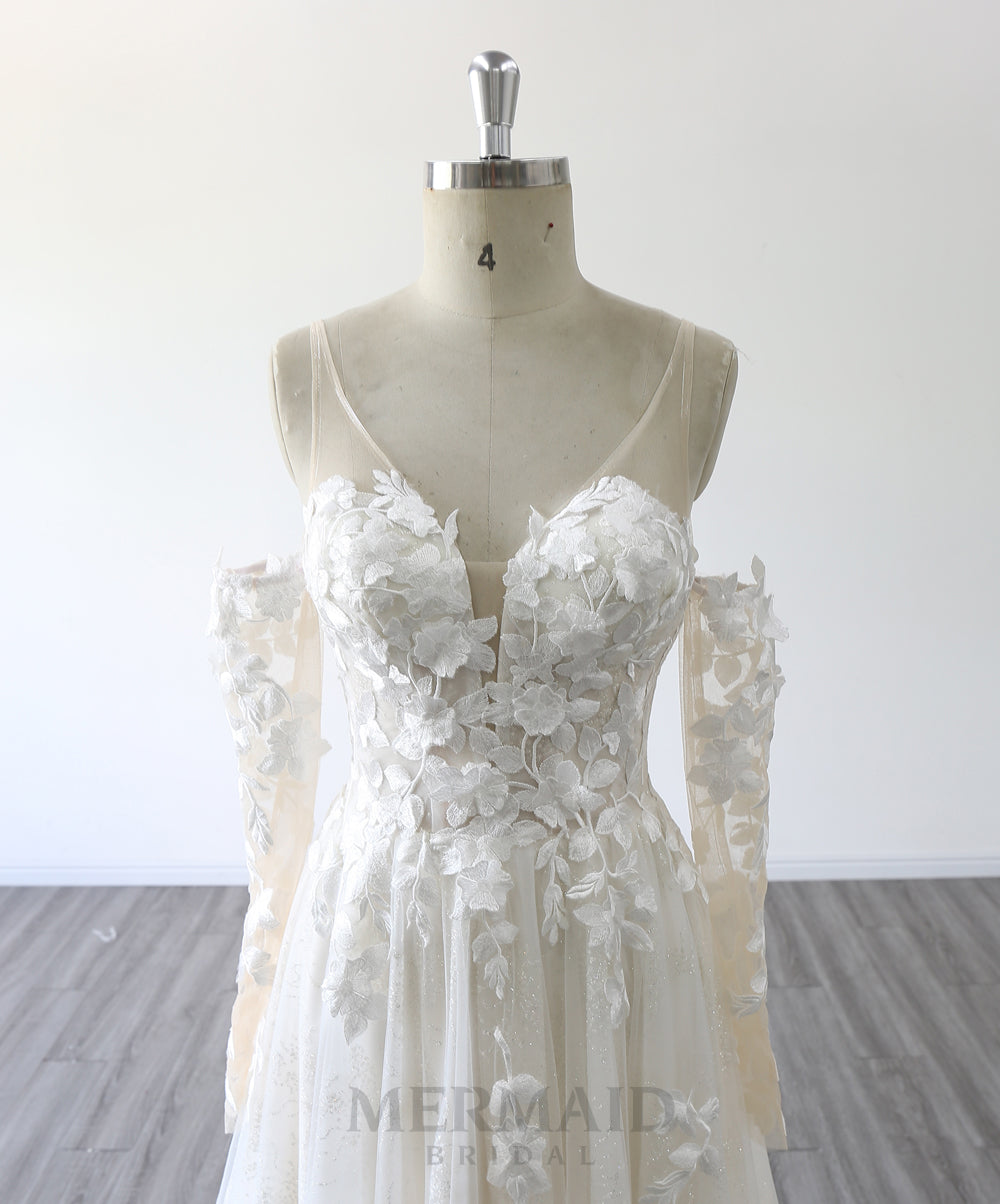 Detachable Long Sleeve V Neck Sweep Train Outdoor Beach Boho Wedding Dress