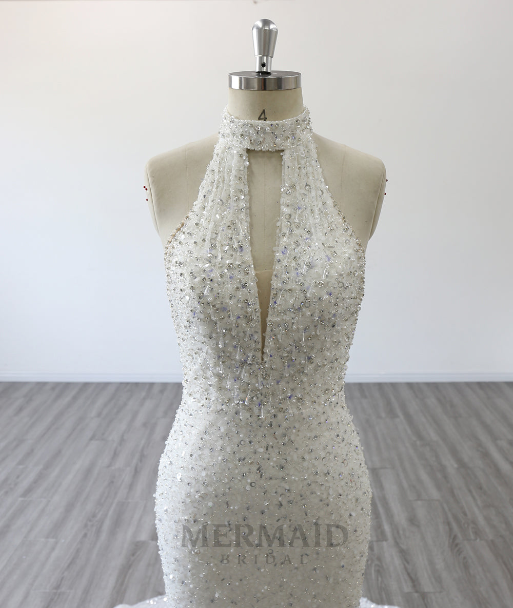 Backless Sleeveless Bridal Gown Halter Neck Court Train Heavy Beading Mermaid Wedding Dress
