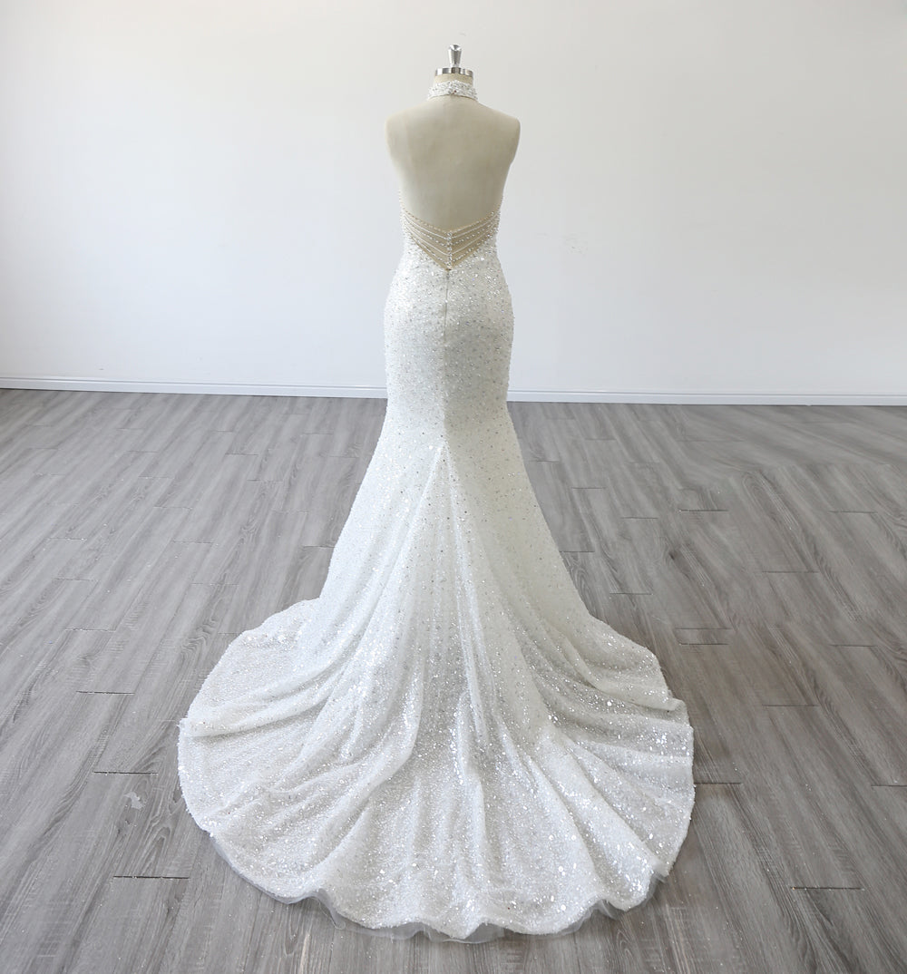 Backless Sleeveless Bridal Gown Halter Neck Court Train Heavy Beading Mermaid Wedding Dress