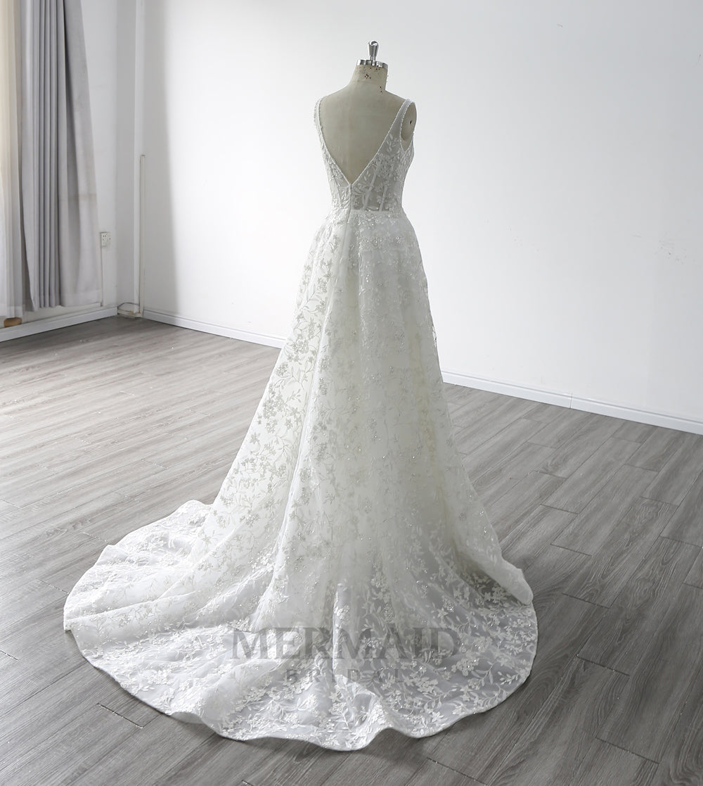 A Line Square Collar Neck Floor Length Beading Bridal Gown Princess Wedding Dress