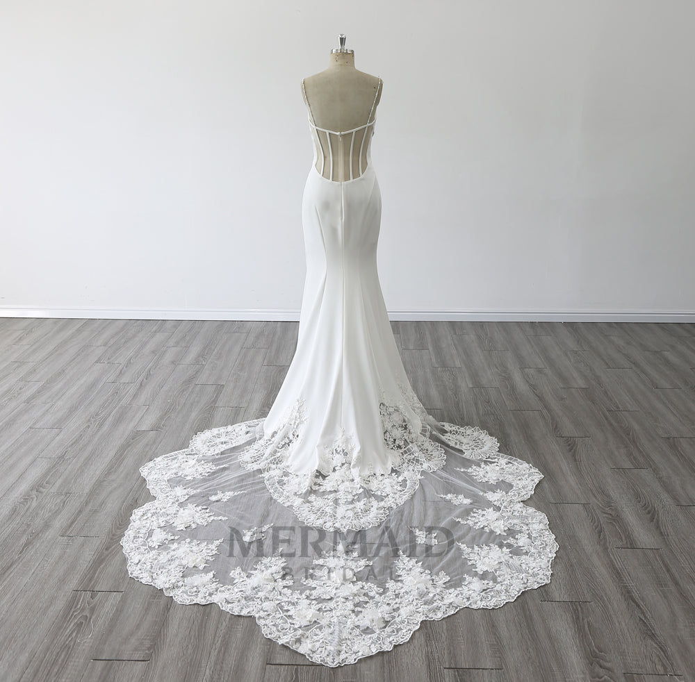 Spaghetti Strpas V Neck Court Train Pleat 3D Flowers Mermaid Wedding Dress