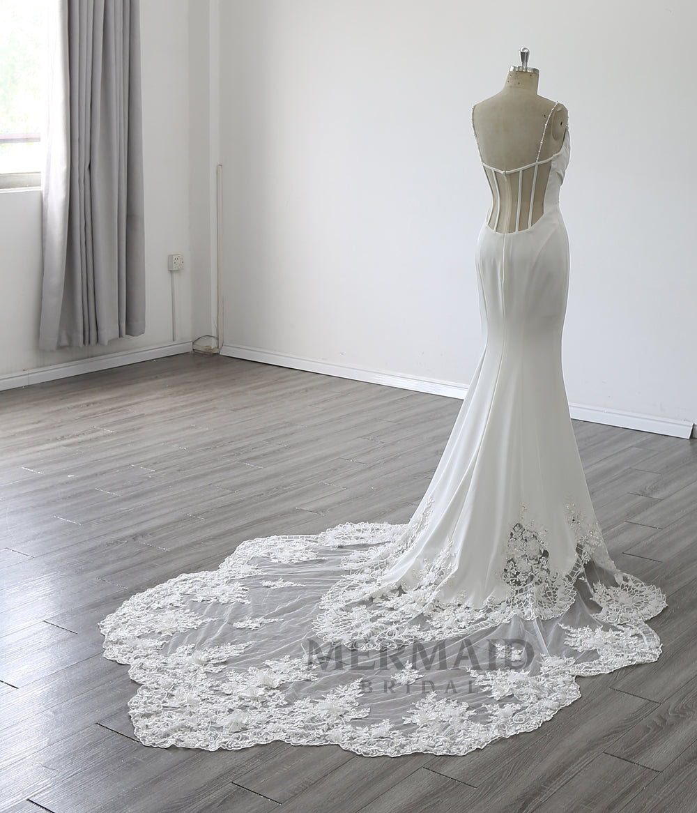 Spaghetti Strpas V Neck Court Train Pleat 3D Flowers Mermaid Wedding Dress