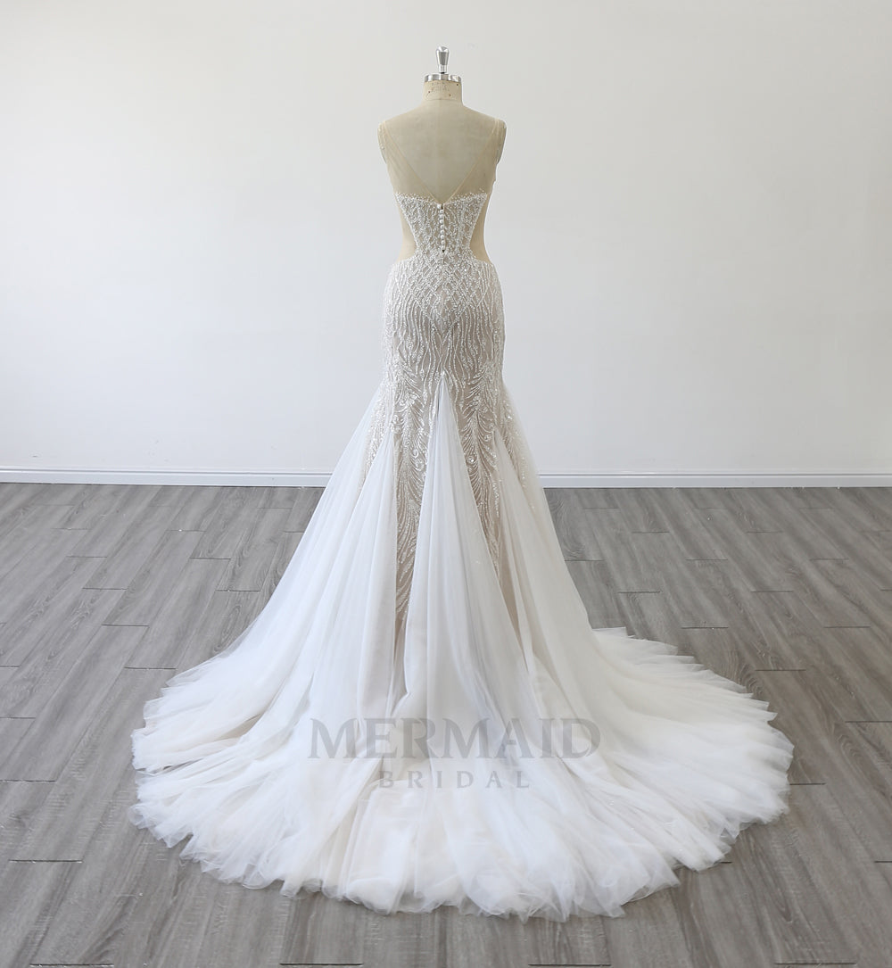 Sexy V Neck Court Train Beaded Mermaid Wedding Dress 2024