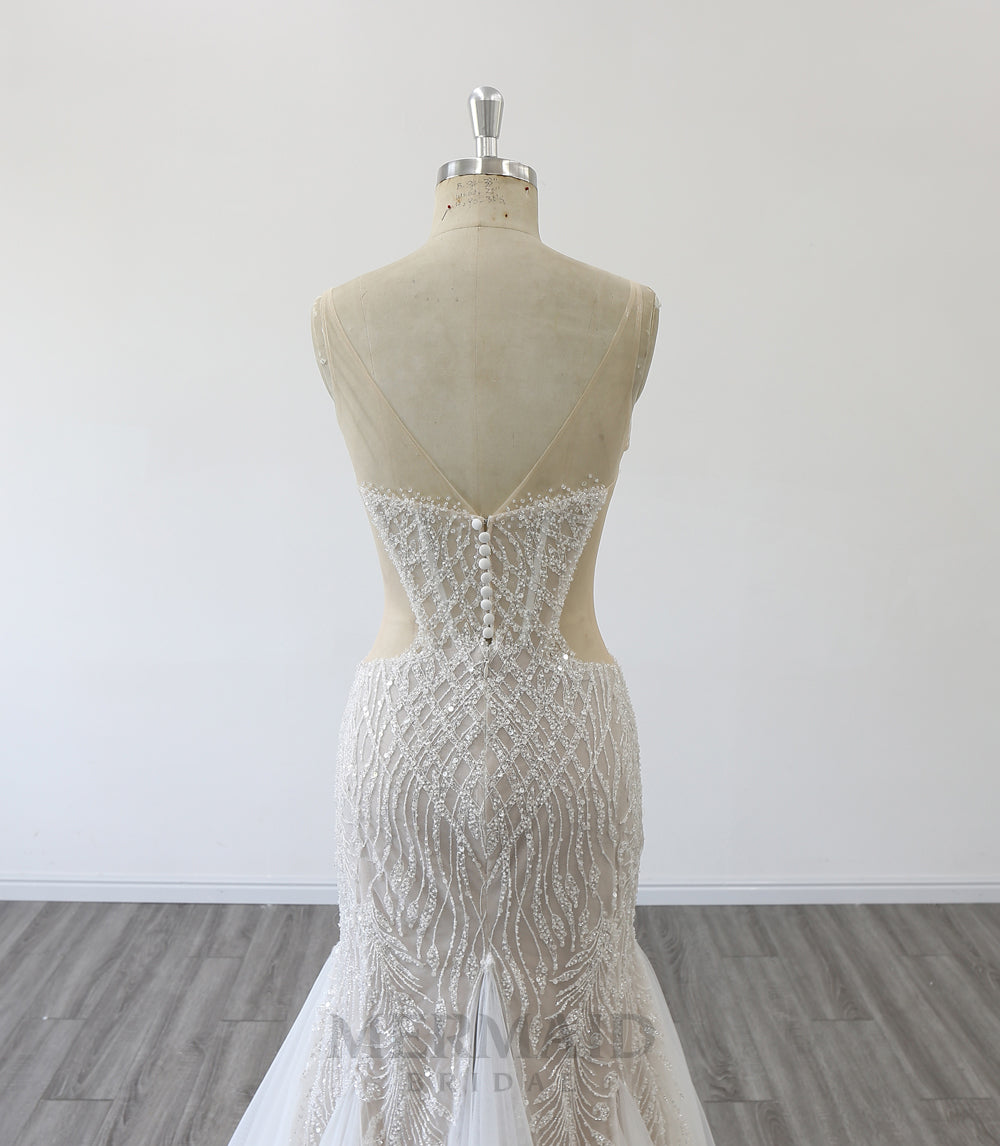 Sexy V Neck Court Train Beaded Mermaid Wedding Dress 2024