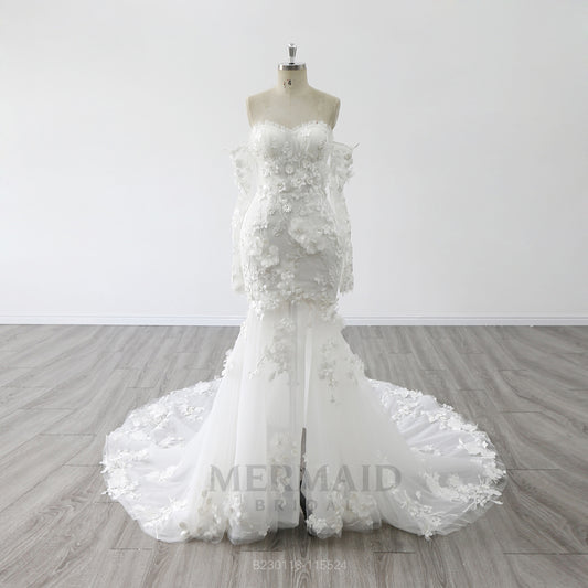 Detachable Long Sleeves Wedding Dresses Sweetheart Neck Court Train 3D Flowers Mermaid Bridal Dress With Slit