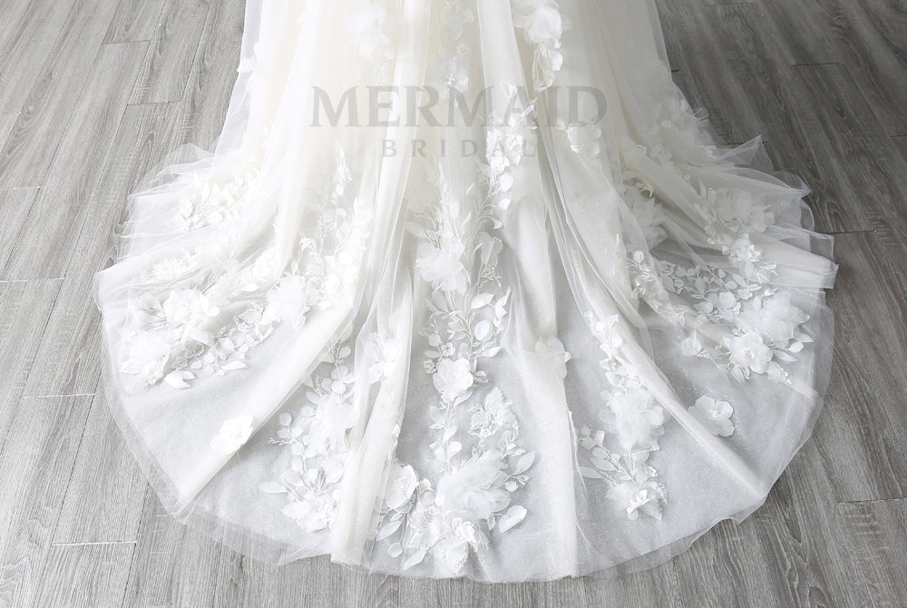 New V-Neck Illusion Back 3D Flowers Lace Court Train A-Line Wedding Dress 2024
