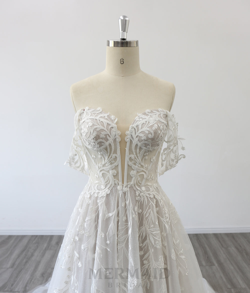 New Off Shoulder V Neck Court Train Bridal Gown Lace A Line Wedding Dress