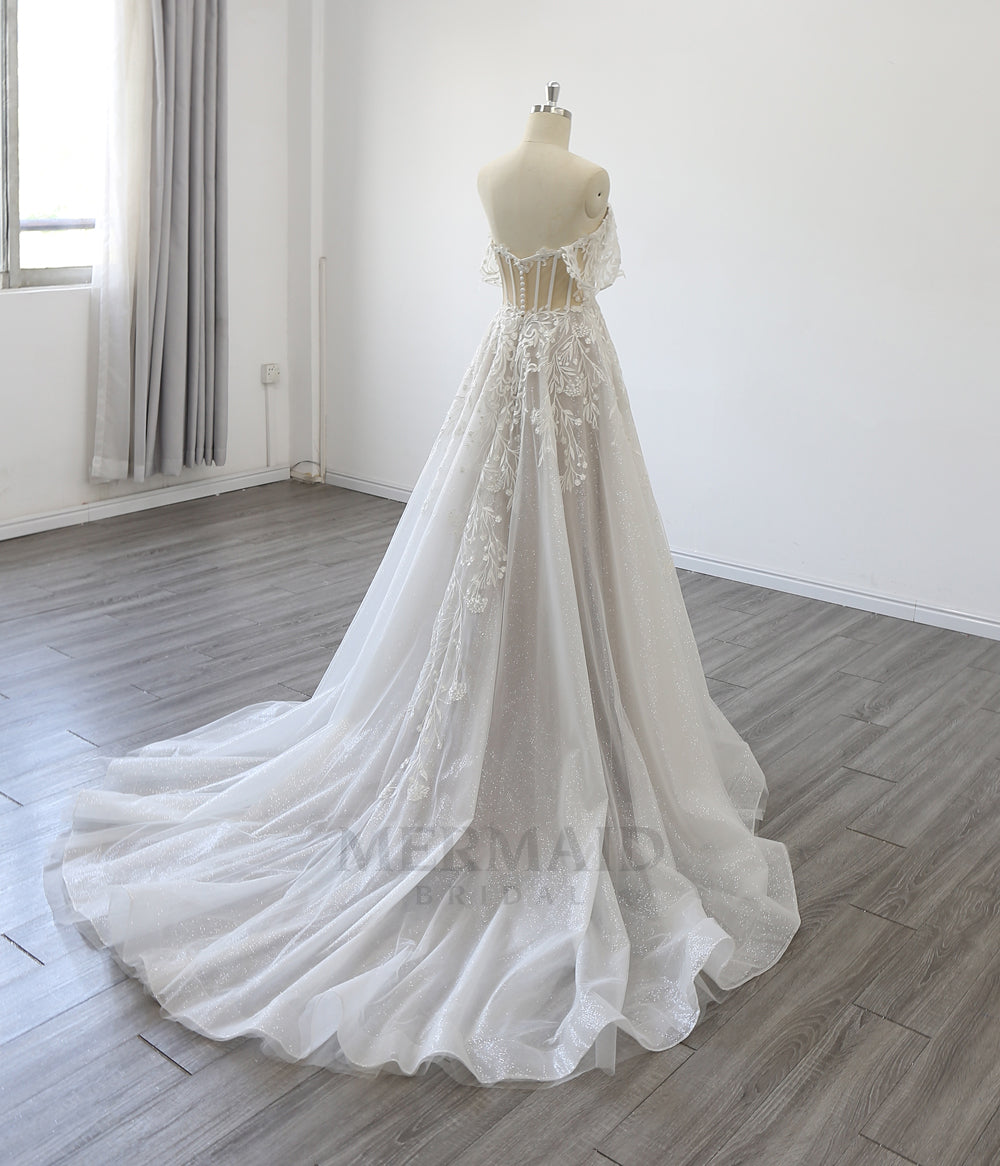 New Off Shoulder V Neck Court Train Bridal Gown Lace A Line Wedding Dress
