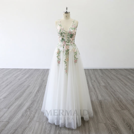 A Line V Neck Floor Length  Colored Lace Boho Wedding Dresses
