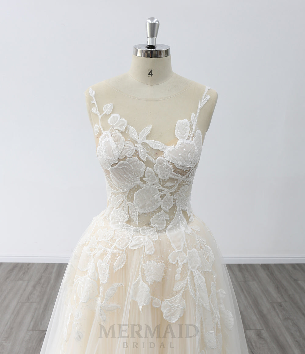 Illusion Scoop Neck Sweep Train Pleated Tulle A Line Wedding Dress