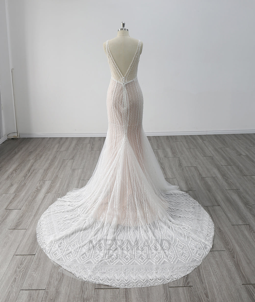 Sexy Backless V-Neck Court Train Heavy Beaded Mermaid Wedding Dress 2024