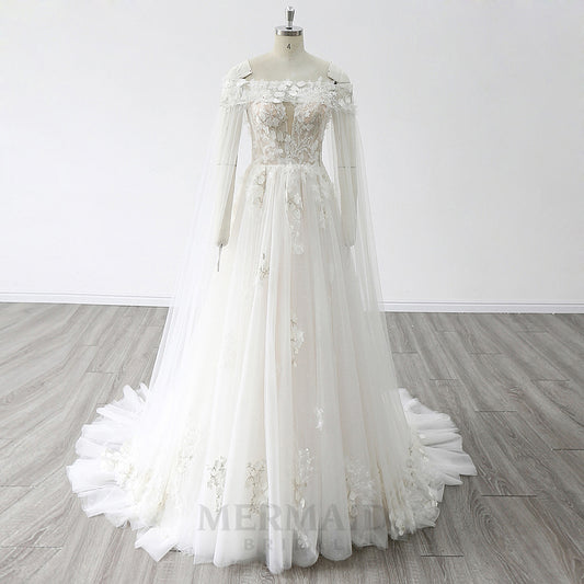 New Sweetheart Court Train 3D Flowers Lace A Line Wedding Dress 2024 with Detachable Cape