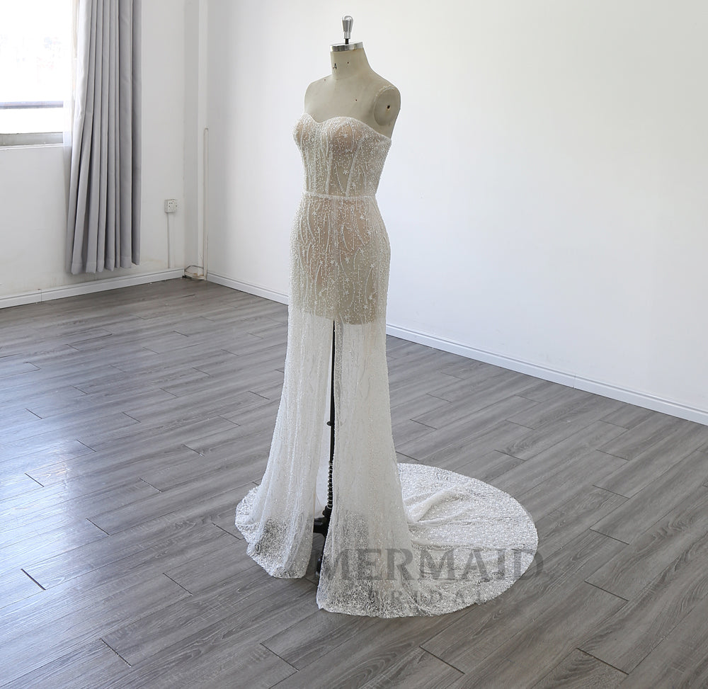 Sexy Sweetheart Neck Court Train  Heavy Beaded Mermaid Wedding Dress With Slit