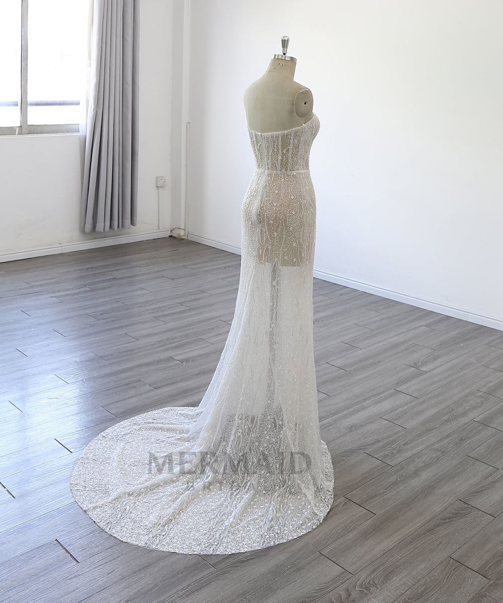 Sexy Sweetheart Neck Court Train  Heavy Beaded Mermaid Wedding Dress With Slit