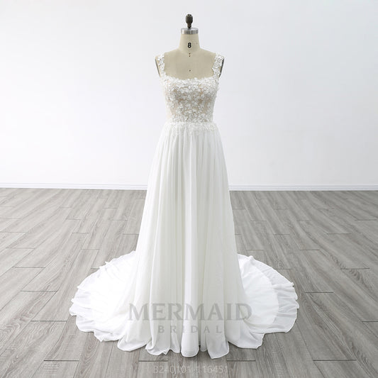 New Boat Neck A Line Court Train Lace Boho Chiffon Wedding Dress 2025