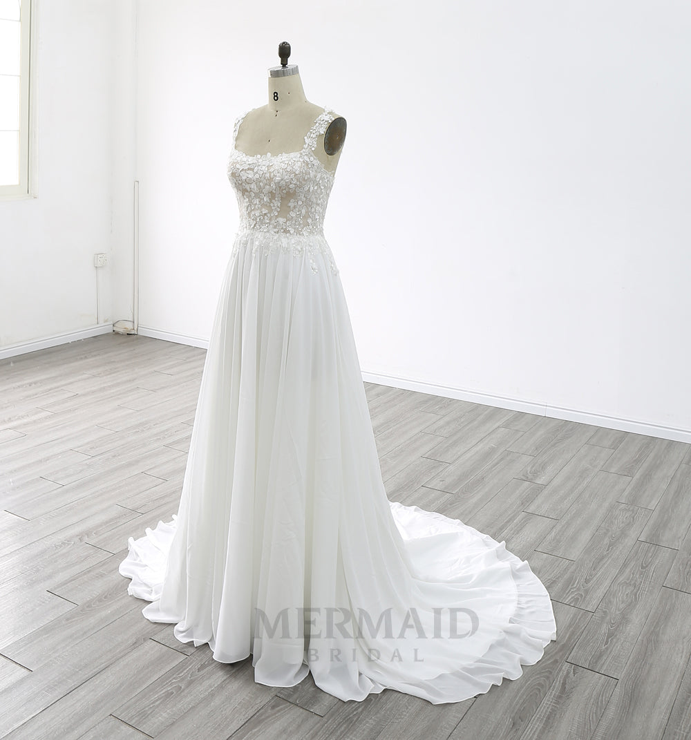 New Boat Neck A Line Court Train Lace Boho Chiffon Wedding Dress 2025