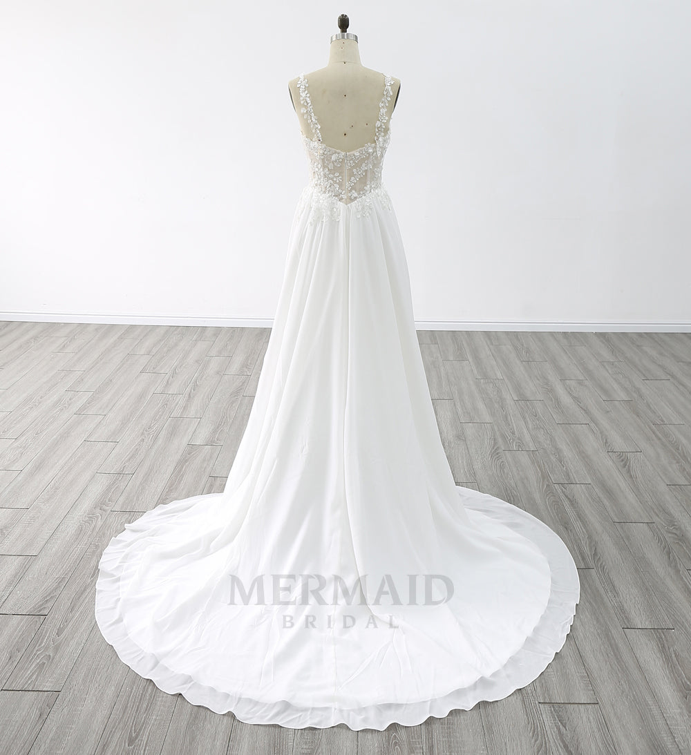 New Boat Neck A Line Court Train Lace Boho Chiffon Wedding Dress 2025