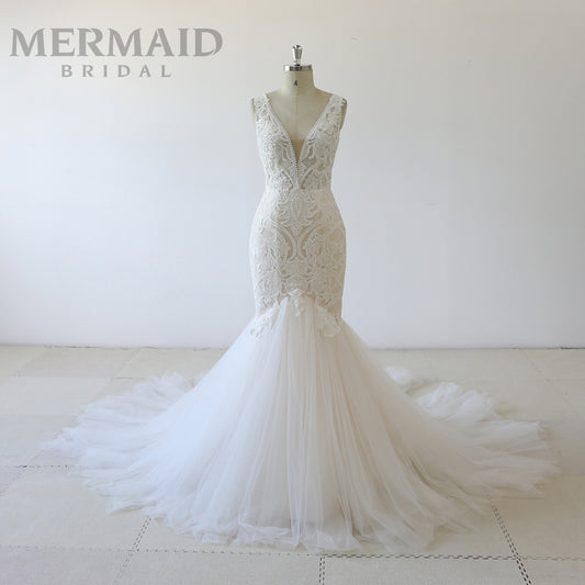 Backless Beading Lace Mermaid Wedding Dress