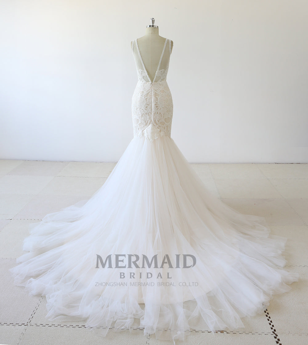 Backless Beading Lace Mermaid Wedding Dress