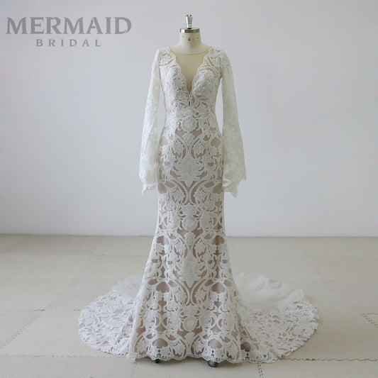 Deep V Neck Long Sleeve  Mermaid Wedding Dress