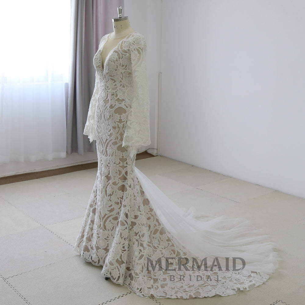 Deep V Neck Long Sleeve  Mermaid Wedding Dress