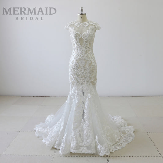 New Cap Sleeves Mermaid See Through Wedding Dress Bridal Gown