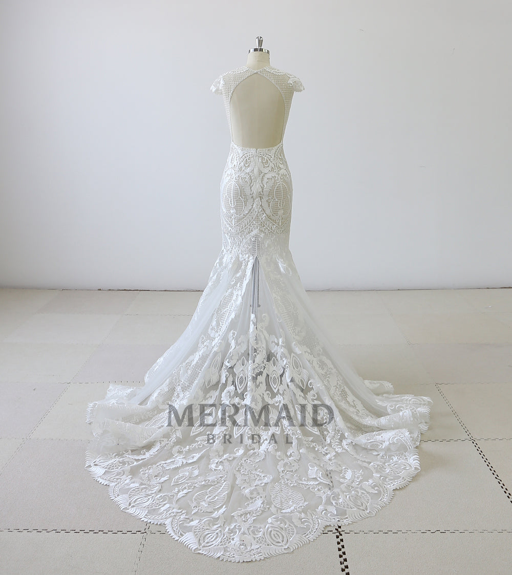 New Cap Sleeves Mermaid See Through Wedding Dress Bridal Gown