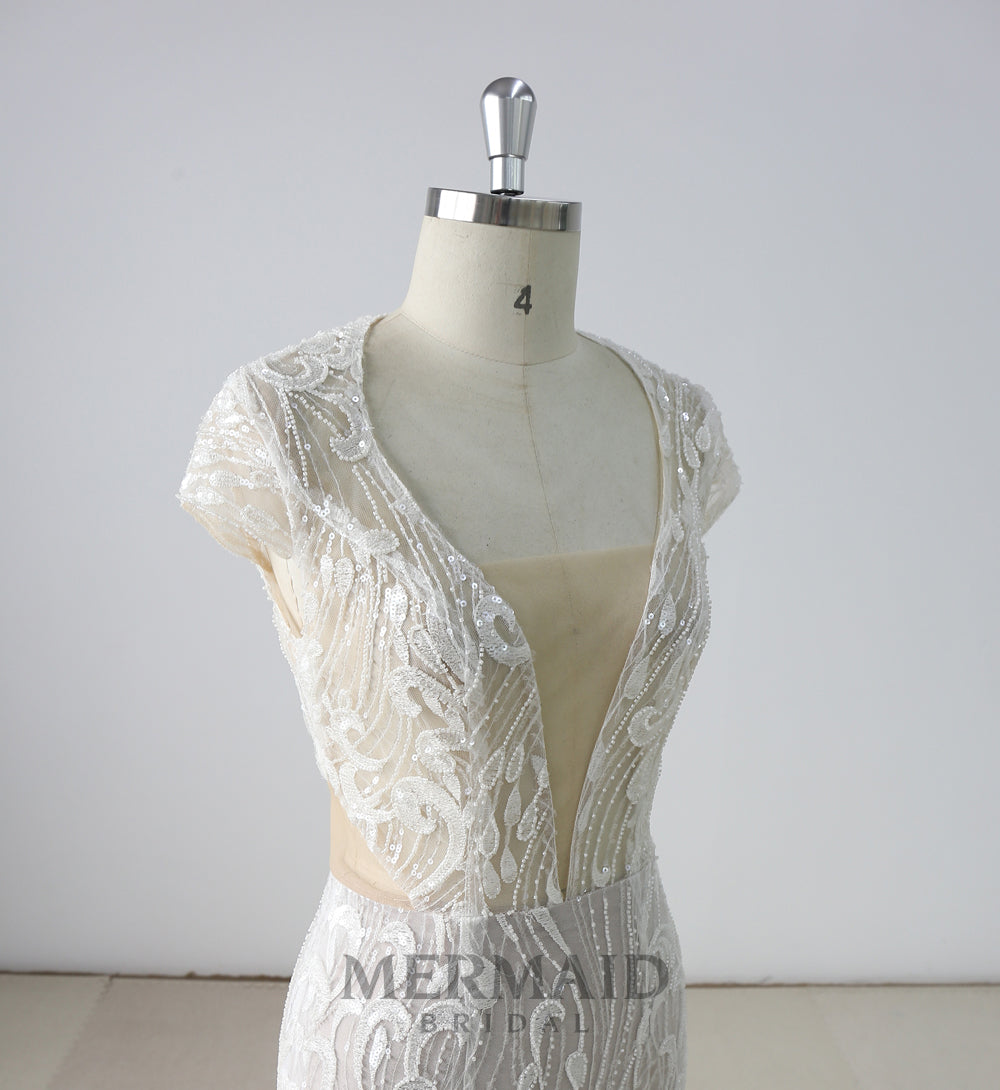 Backless Cap Sleeves  Beading Mermaid Wedding Dress