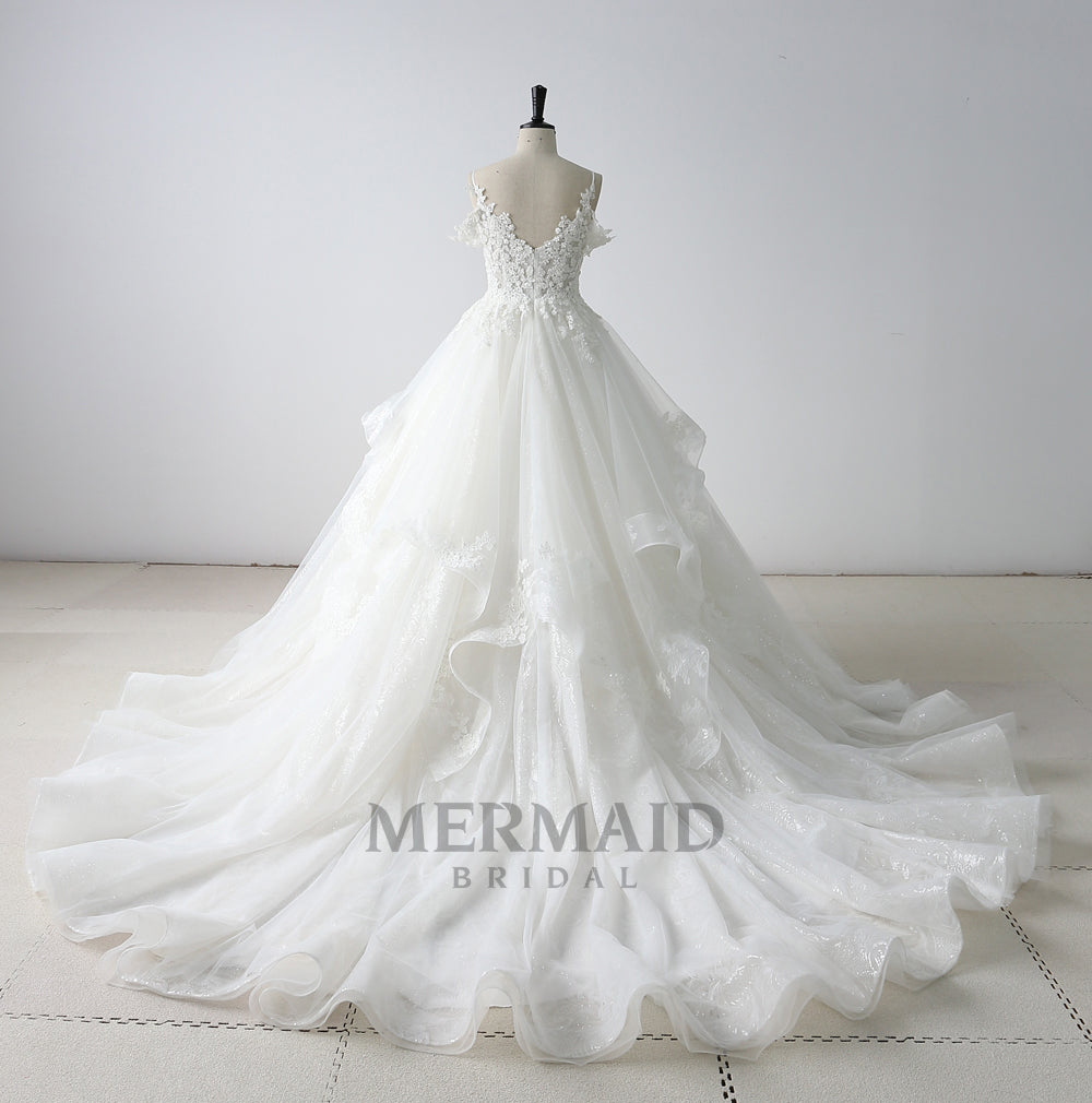 Luxury off shoulder ruffle lace sequin wedding dress bridal gown