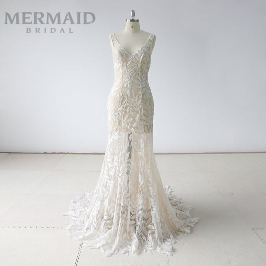 New V Neck Mermaid See Through Wedding Dress