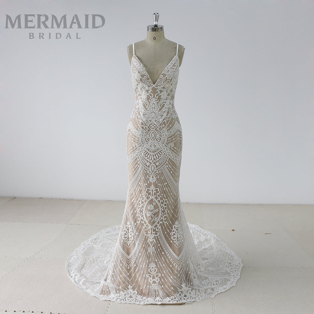 Amazing Beaded Lace Backless Mermaid Wedding Dress